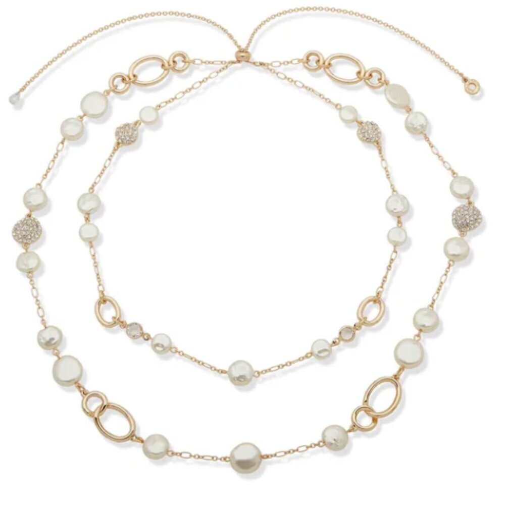 Anne Klein Pearl Gold Necklace Multi Row Crystal Beads NWT